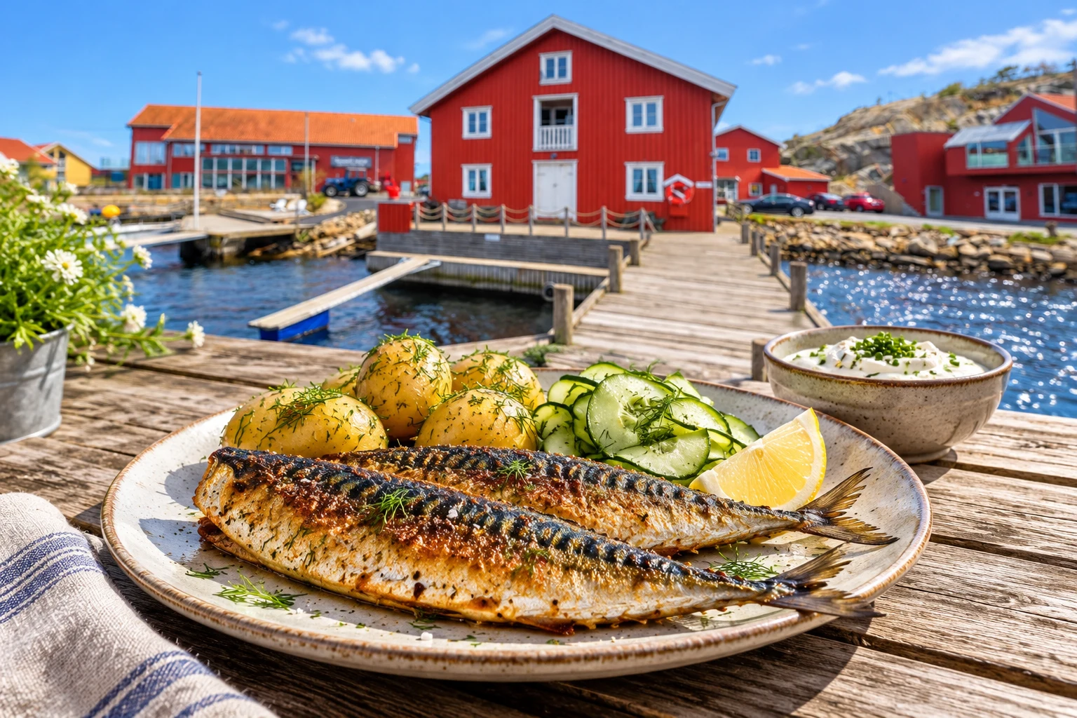 Sprøstekt pir med rømmesaus, agurksalat og nypoteter